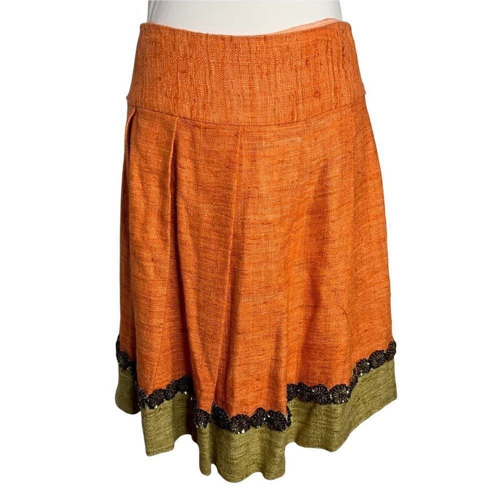 Vintage Trina Turk Woven Silk Swing Skirt 0 Orange Sequin Pleated Lined Zipper